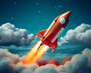 Red rocket flying away with white clouds in the background, chandrayaan images hd