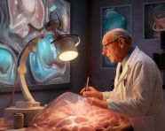 Doctor examines patient's cells with holographic microscope, medical images stock