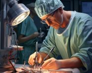 Surgeon operating with robotic arm, medical images stock