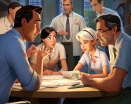 Healthcare admins brainstorm new solutions, medical images stock