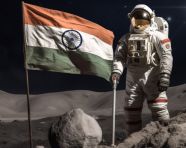 An astronaut is holding the indian flag on the moon, chandrayaan with indian flag