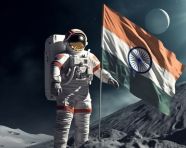 Astronaut holding an indian flag on the moon, chandrayaan with indian flag
