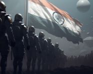 India flag on moon with astronauts in front of it, chandrayaan with indian flag