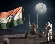 Astronaut standing on the moon holding the india flag, chandrayaan with indian flag