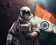 Indian astronaut holding the indian flag on the moon, chandrayaan with indian flag