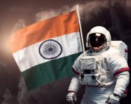 Astronaut is holding indian flag on the moon, chandrayaan with indian flag