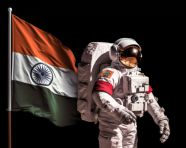 Astronauts stand together under indian flag, chandrayaan with indian flag