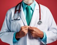 Stock image of a doctor wearing white coat and holding a stethoscope on his torso, medical images stock