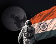 Astronaut raising indian flag on the moon, chandrayaan with indian flag