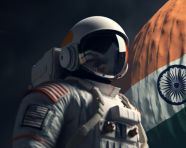 An astronaut on the moon near the indian flag, chandrayaan with indian flag