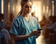 A nurse with a tablet and smartphone on her shoulder, medical images stock
