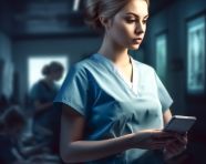 Nurse using tablet and smartphone to provide care, medical images stock