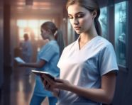 Nurse using technology to improve patient care, medical images stock