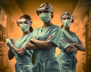 Three medical employees with surgical masks posing for a shot, medical images stock