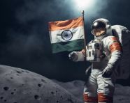 An astronaut holding an indian flag on the moon, chandrayaan with indian flag