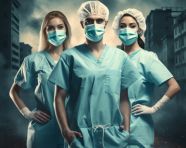 Three medical professionals in masks, medical images stock