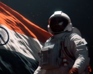 An astronaut holding a indian flag on the moon, chandrayaan with indian flag
