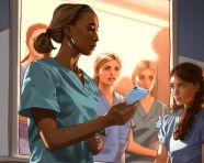 Nurse and medical techs discussing patient care, medical images stock