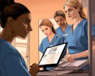 Nurses and techs consult on patient's chart, medical images stock