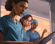 Medical team confers on patient's symptoms, medical images stock