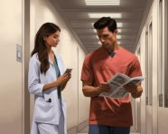 Female doctor and male patient looking at paper in the hallway, medical images stock