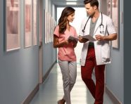 Doctor and patient in hallway after consultation, medical images stock