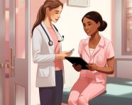 Female doctor giving a tablet to girl patient in the waiting room, medical images stock