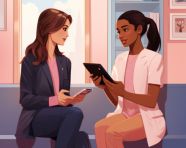 Female doctor gives tablet to girl patient, medical images stock