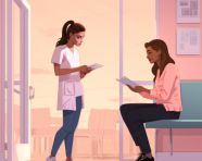 Doctor hands tablet to waiting room patient, medical images stock