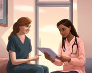 Girl patient receives tablet from doctor, medical images stock