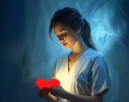 Woman nurse in scrubs holding tablet with a heartbeat, medical images stock