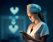Nurse checking patient's heartbeat on tablet, medical images stock