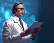 Image of a human doctor holding up a tablet computer, medical images stock