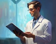 Medical professional reading tablet, medical images stock