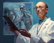 Doctor using digital device, medical images stock