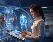 A woman in a lab coat is using a tablet near futuristic graphics, medical images stock