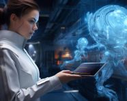 Woman in lab coat studies futuristic graphics on tablet, medical images stock