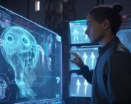 Healthcare worker conducting remote consultation, medical images stock