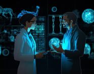 Two scientists talking next to a black screen, medical images stock