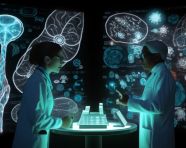 Team of scientists work together, medical images stock