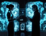 Scientists collaborate on a project, medical images stock