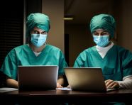 Medical workers working from home, medical images stock