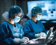 Healthcare professionals logging on, medical images stock