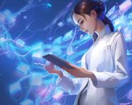 Nurse checking patient records on tablet, medical images stock