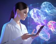 Nurse logging patient data on tablet, medical images stock