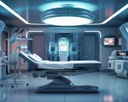 A medical room with blue ceiling lights, medical images stock