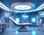 Medical room with soothing blue lighting, medical images stock