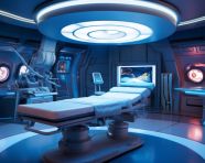 Blue light therapy in medical office, medical images stock