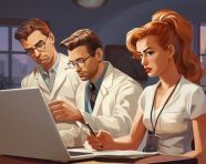 Three medical staff in an office looking at laptops, medical images stock