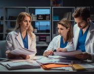 Doctors discussing patient notes on laptops, medical images stock